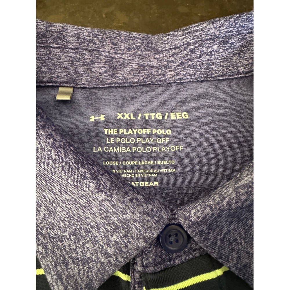 Under Armour Mens XXL Playoff Polo Shirt Purple Navy Lime Green Striped HeatGear